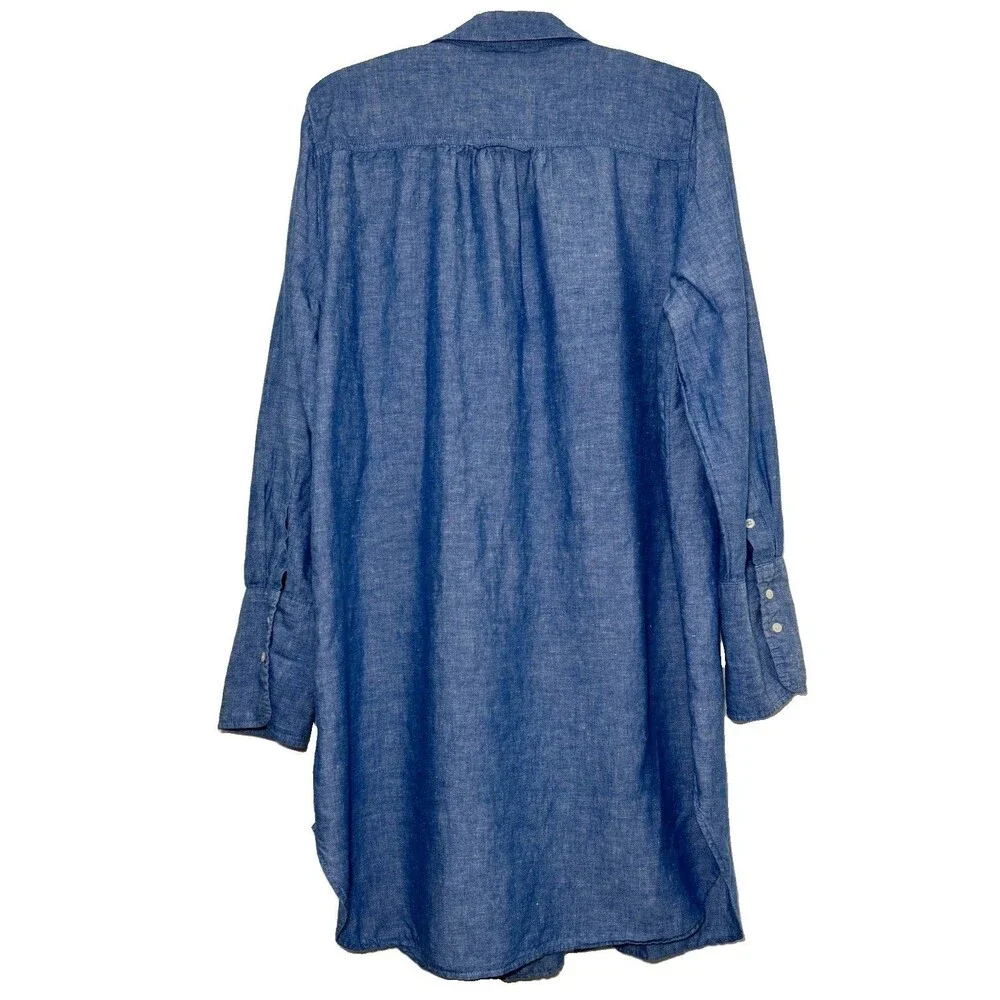 Vintage 90s J.Crew Beachwear Linen Cotton Chambray Shirt Dress Blue L